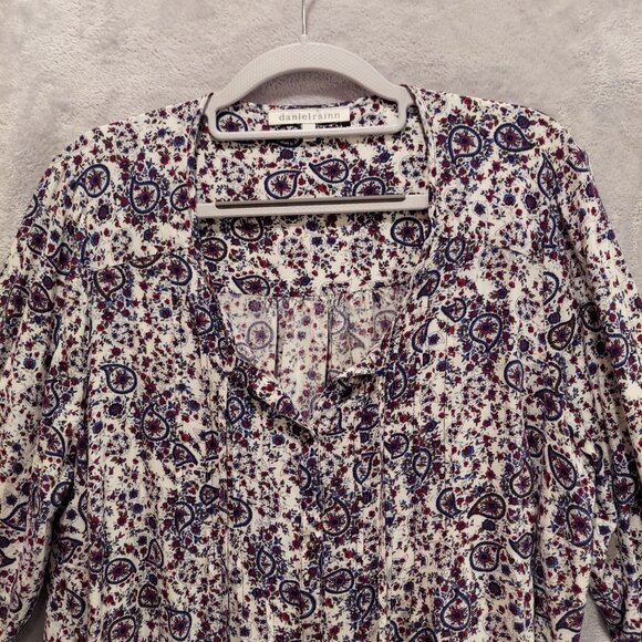 Daniel Rain Blouse womens 1x Peasant roll tab floral tie tassels silver buttons - Picture 2 of 15